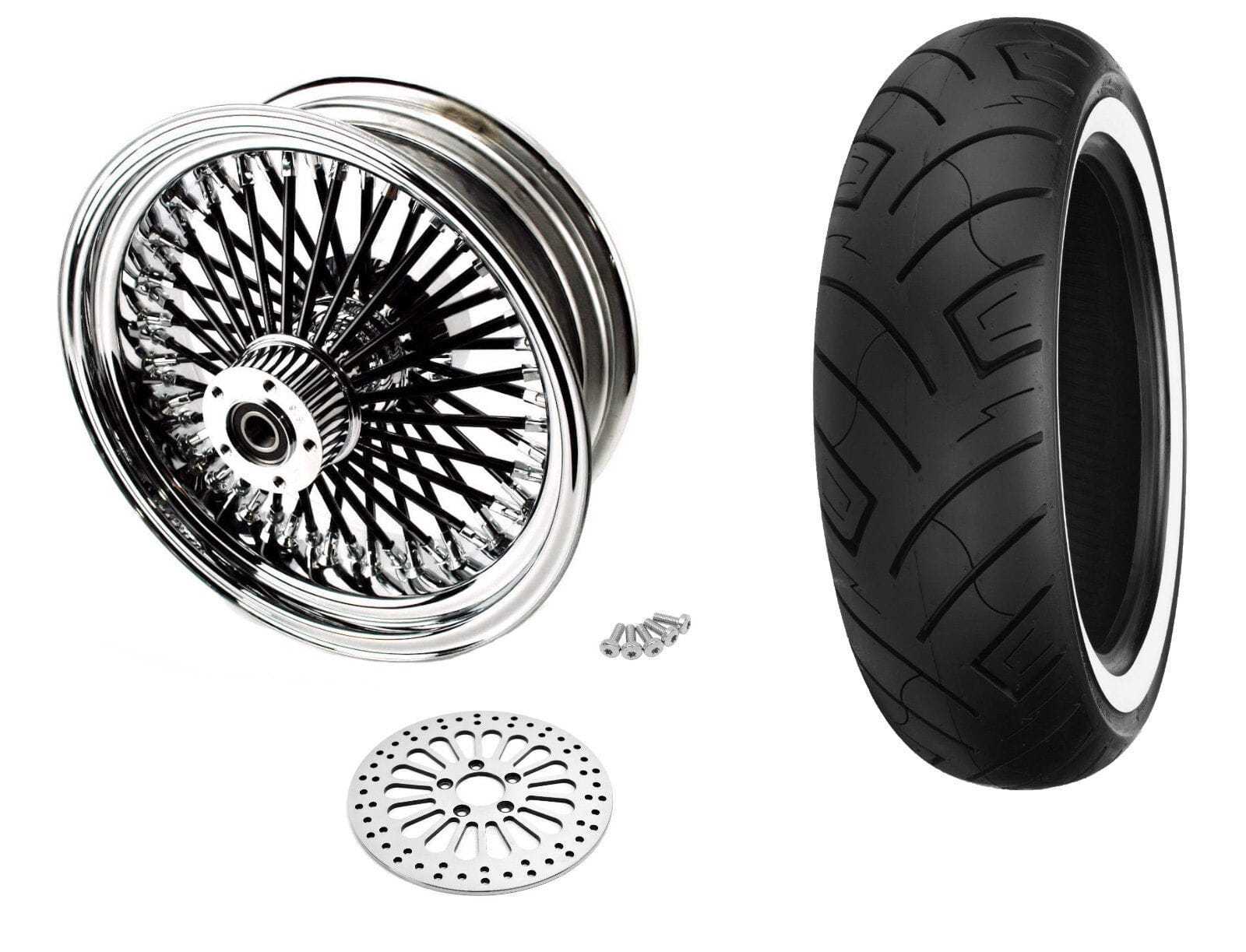 DNA Specialty, 16 5.5 Chrome 52 Black Fat Spoke Rear Wheel Package ABS Rim Tire Harley Touring