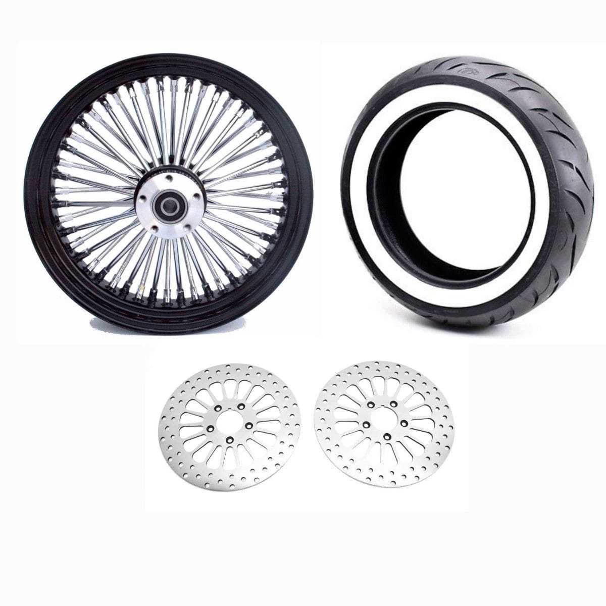 Ultima, 16x3.5 48 Fat King Spoke Front Wheel Black Chrome Rim Dual Disc Package Tire WW