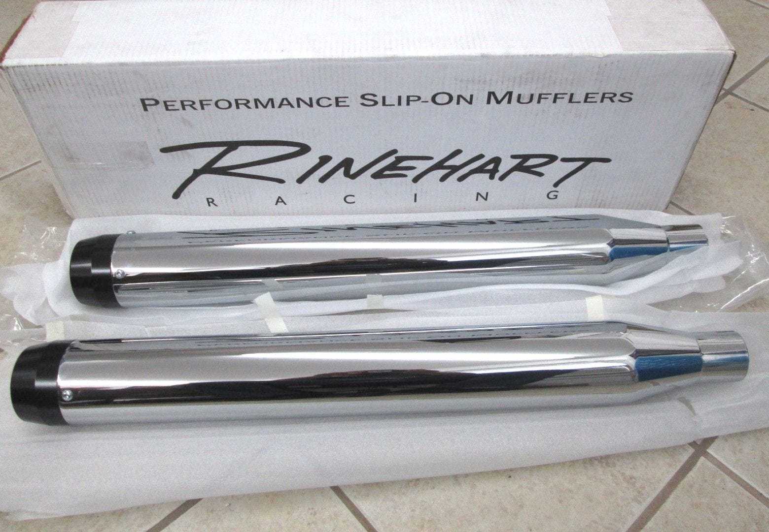 Rinehart Racing, 2" Inlet Rinehart Chrome 3.5" Slip-On Black Tip Mufflers Exhaust Harley Touring