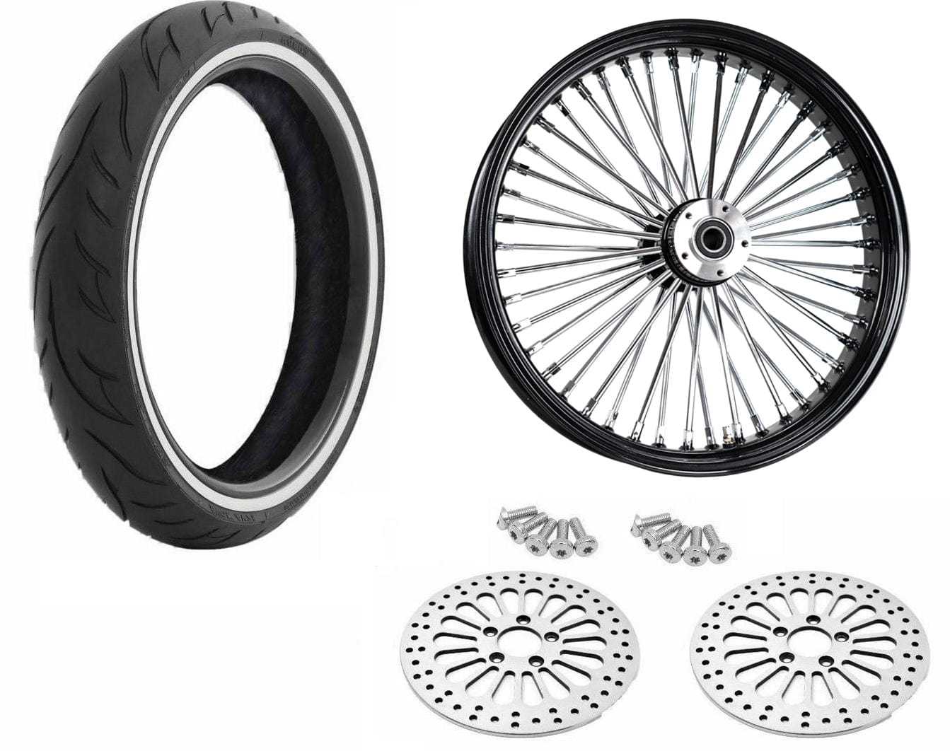 American Classic Motors, 21 3.5 Black 46 Fat King Spoke Wheel Tire Package WW Dual Disc Harley Touring