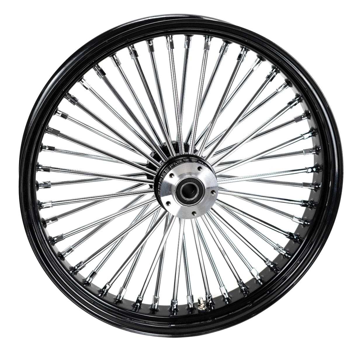 American Classic Motors, 21 x 3.5 Chrome 46 Fat Spoke Front Black Rim Wheel Harley Softail Single Disc