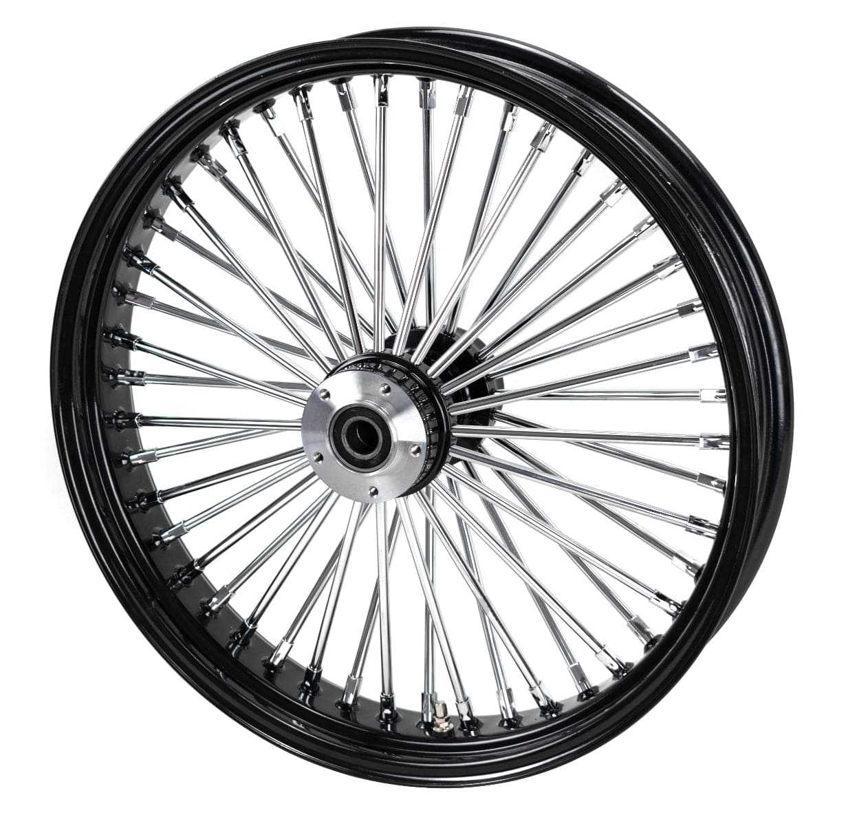 American Classic Motors, 21 x 3.5 Chrome 46 Fat Spoke Front Black Rim Wheel Harley Softail Single Disc