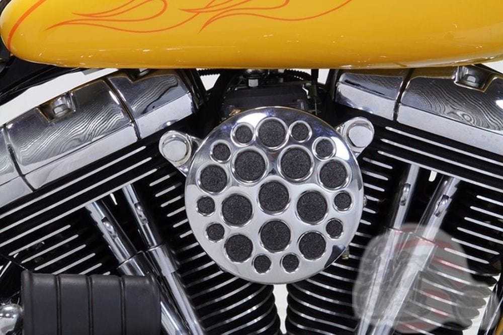 V-Twin Manufacturing, Air Filter Cleaner Holey Drilled Chrome Cover Harley Dyna Breather Backing Plate