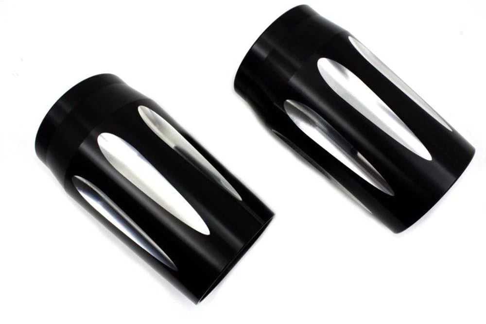 V-Twin Manufacturing, Black Contrast Cut Machined Fork Tube Slider Cover Harley Touring Bagger 14-2020