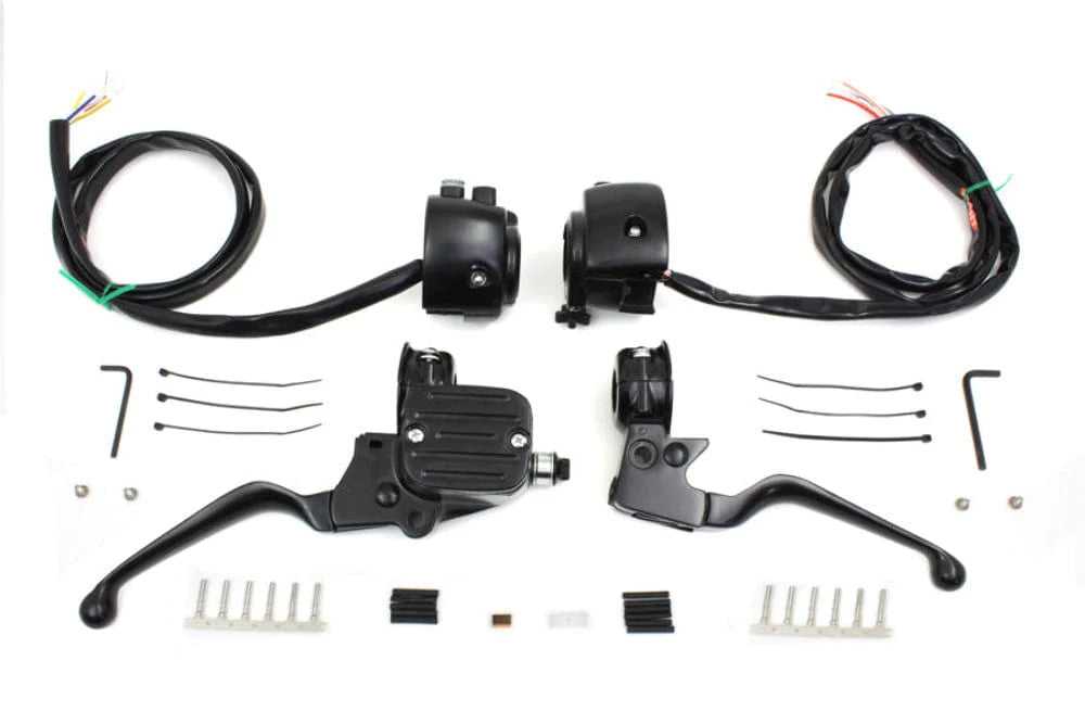 V-Twin Manufacturing, Black Handlebar Controls Hand Lever Set Control Kit Single Disc Switches Wiring