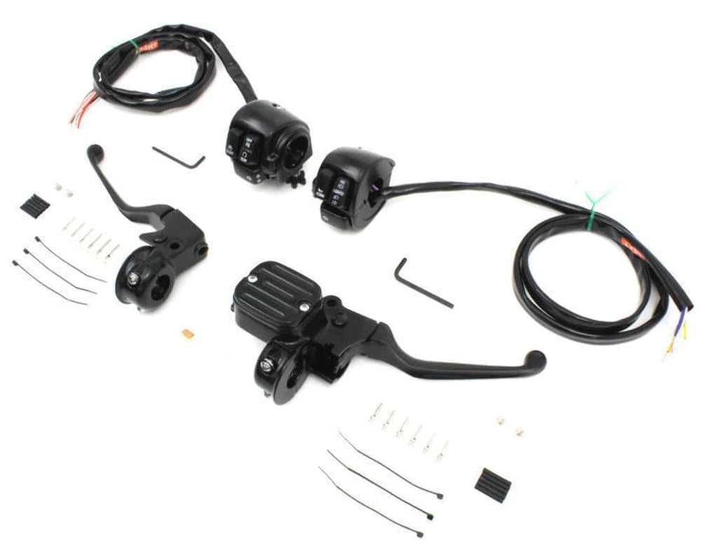 V-Twin Manufacturing, Black Handlebar Controls Hand Lever Set Control Kit Single Disc Switches Wiring