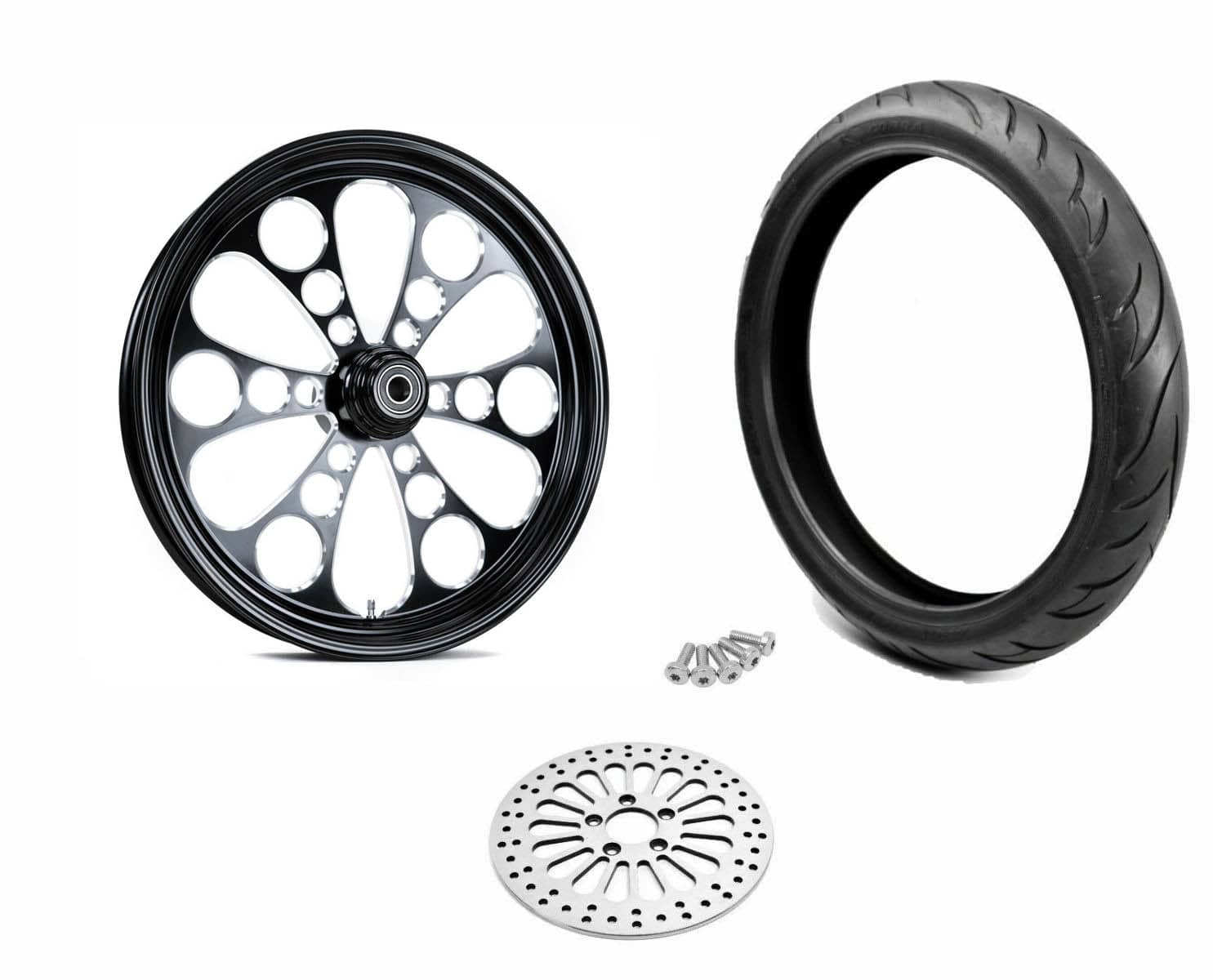 Ultima, Black Kool Kat 21 3.5 Billet Mag Front Wheel Rim BW Tire Package Harley Single