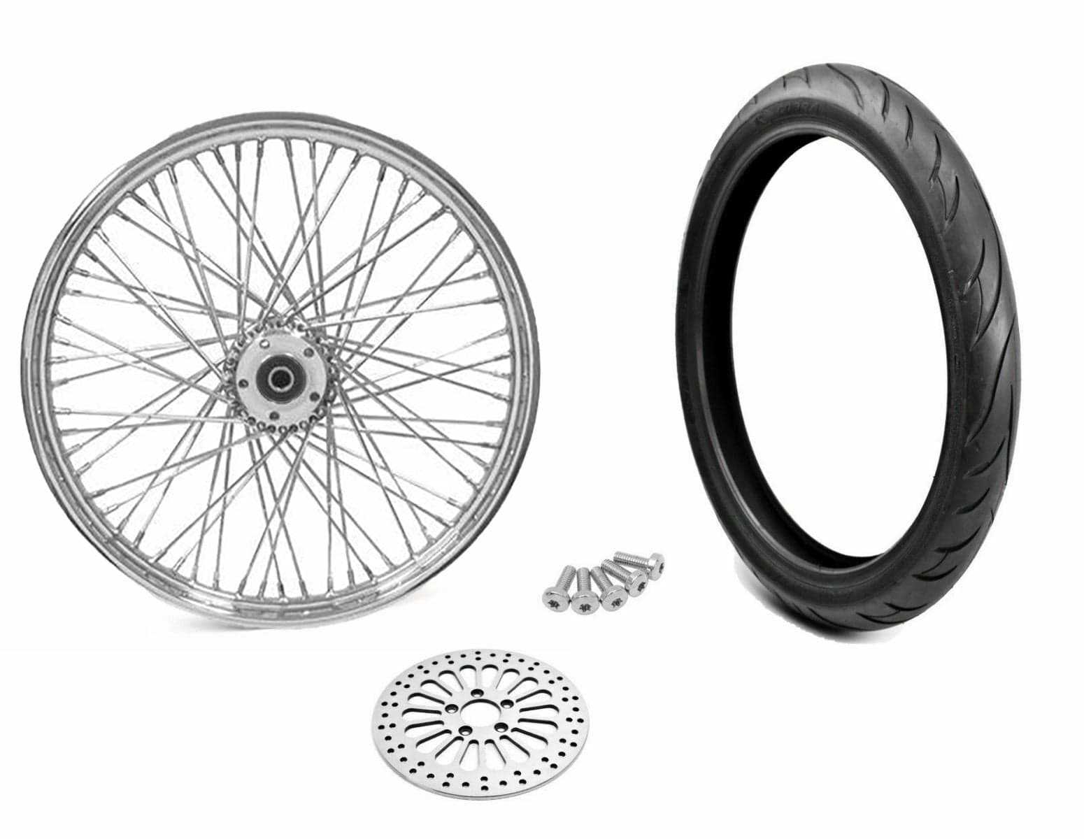 Mid-USA, Chrome 21 x 2.15 60 Spoke Front Wheel BW Tire Package Harley Sportster XL 84-99