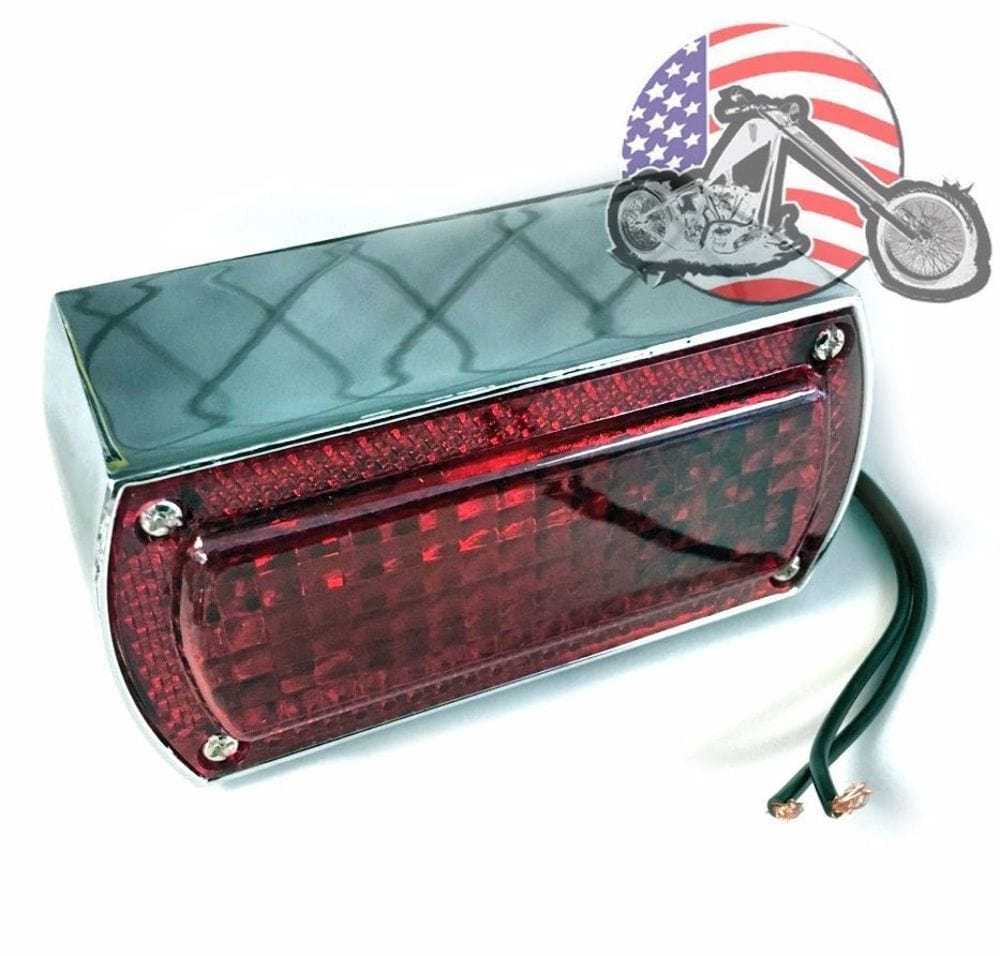 V-Twin Manufacturing, Chrome Square Knight Light Tail Lamp Red Lens Custom Chopper Harley Ironhead FLH