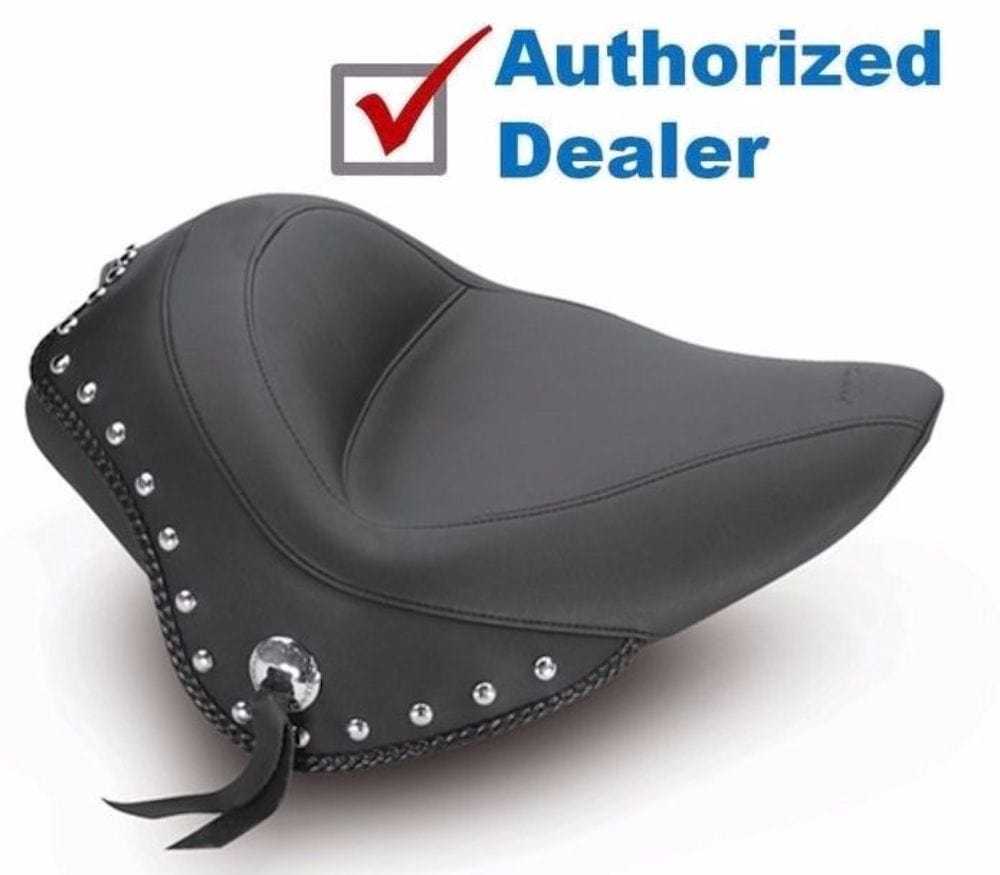 Mustang, New Mustang Wide Chrome Studded Touring Solo Seat Harley Softail Slim Blackline