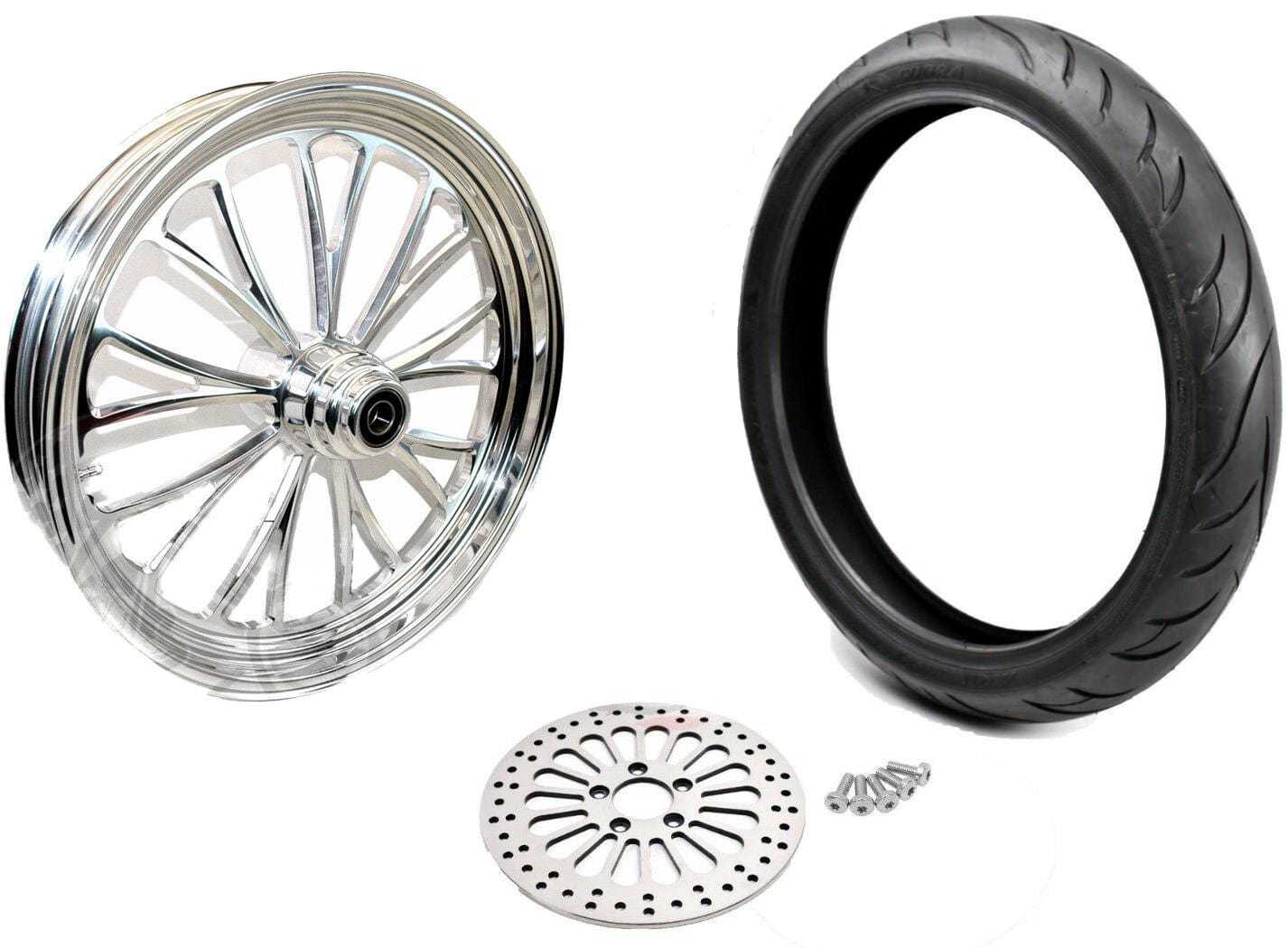 Ultima, Polished Manhattan 21 X 3.5 Billet Front Wheel Rim Tire BW Package Harley 84-07