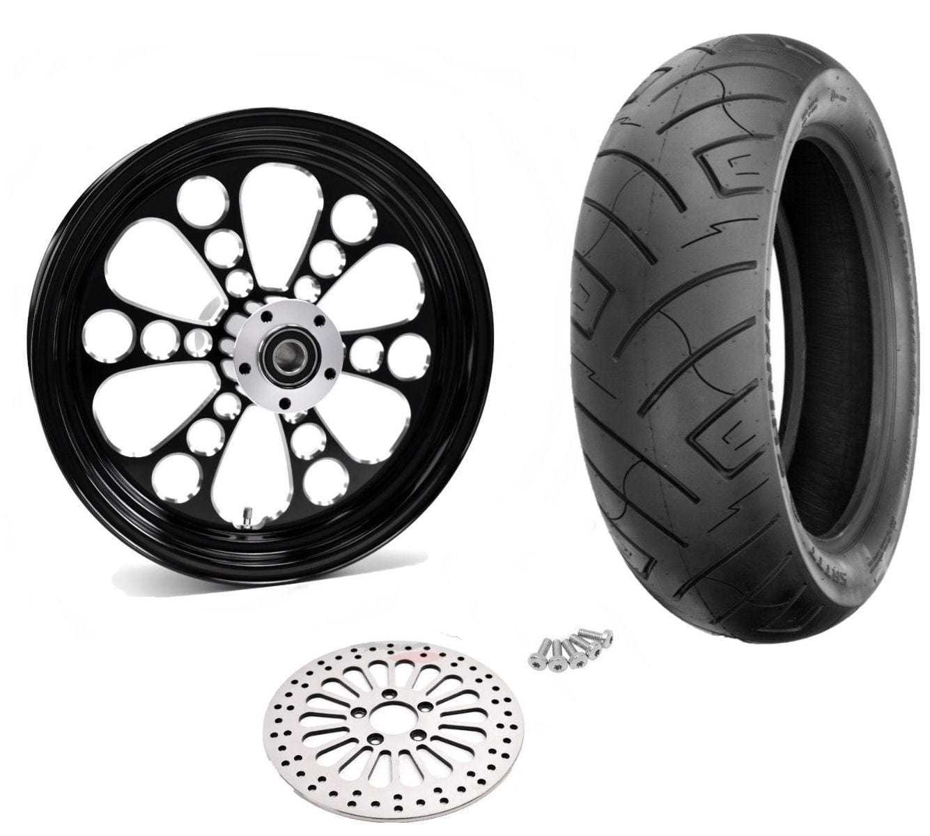 Ultima, Ultima Kool Kat Black Billet 18 5.5 Rear Wheel Rim BW Tire Package Harley Custom